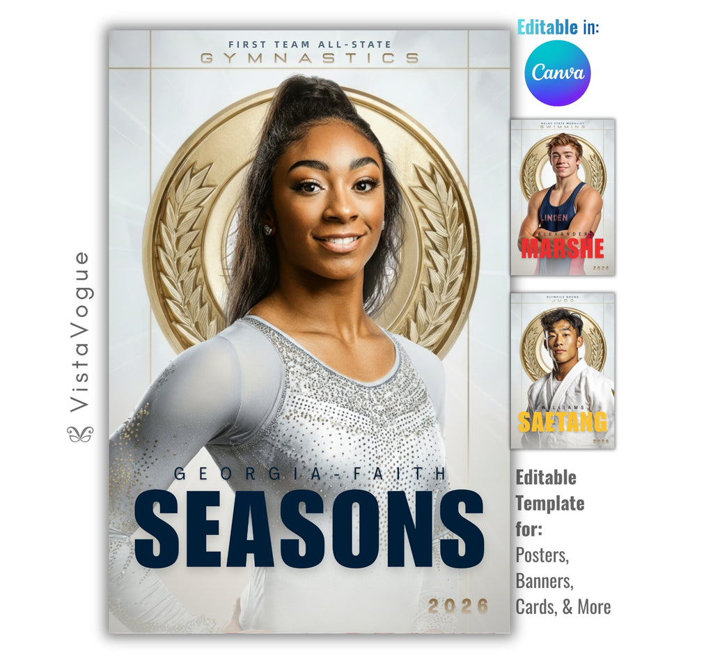 Gymnastics senior night poster and trading card template editable in Canva with gold medal and laurel wreath backdrop framing the athlete in an award recognition design