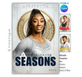 Gymnastics senior night poster and trading card template editable in Canva with gold medal and laurel wreath backdrop framing the athlete in an award recognition design