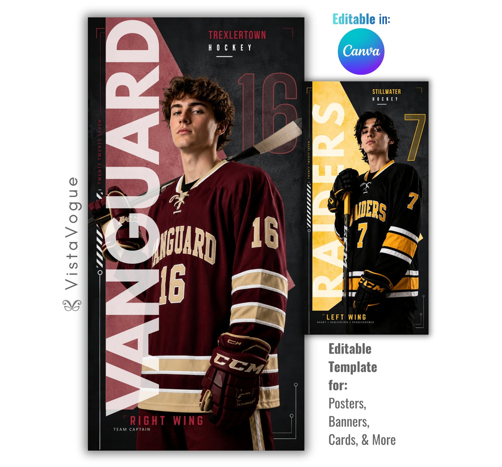 Editable hockey banner template with geometric modern sports poster design shown in Canva mockup