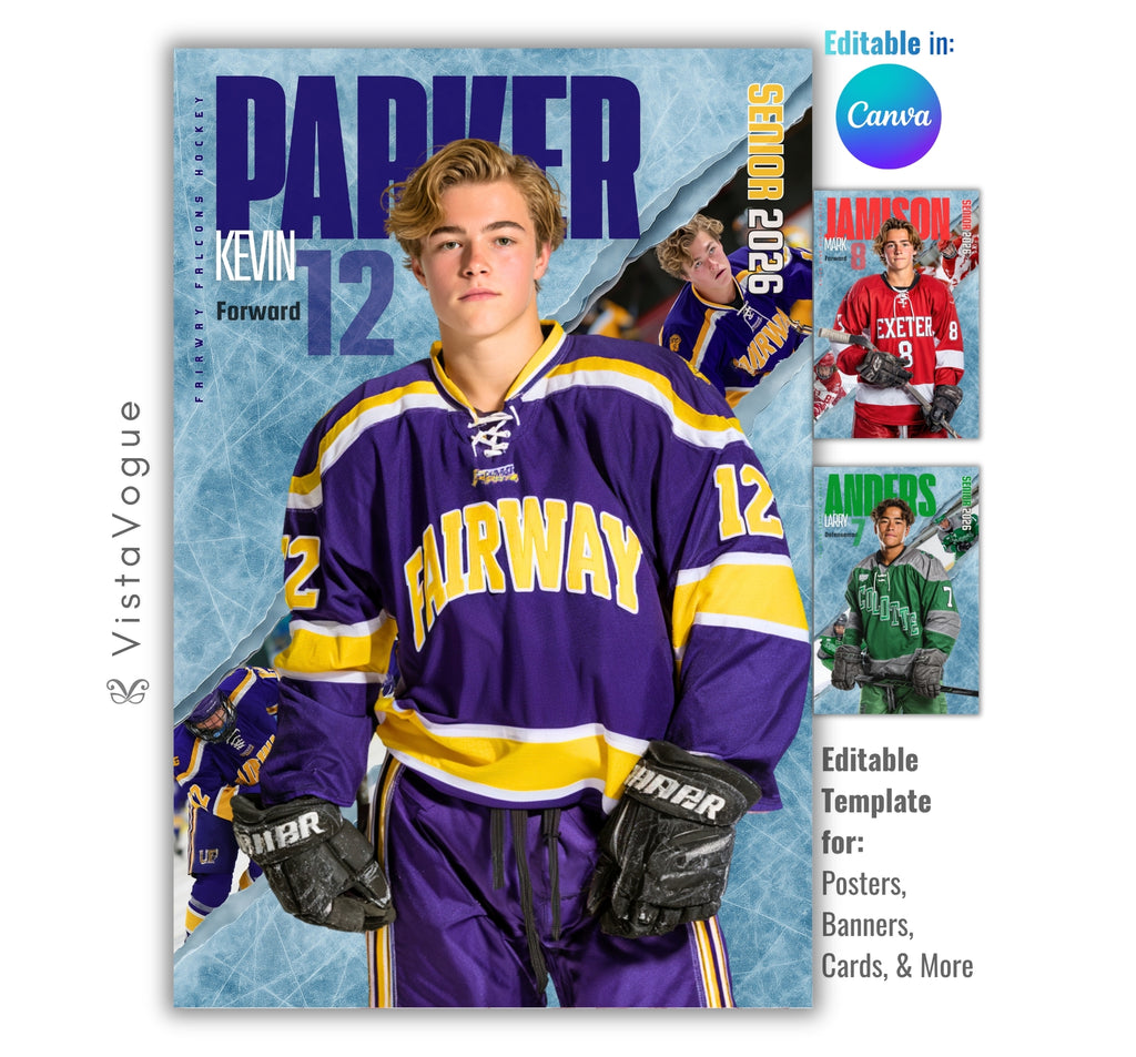 Hockey trading card and poster template editable in Canva with icy scratched texture backdrop and torn edge reveal effect behind the athlete