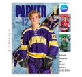 Hockey trading card and poster template editable in Canva with icy scratched texture backdrop and torn edge reveal effect behind the athlete