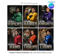 Hockey senior night poster and player banner template editable in Canva with realistic mascot animal backdrop layered behind the athlete and bold team name typography