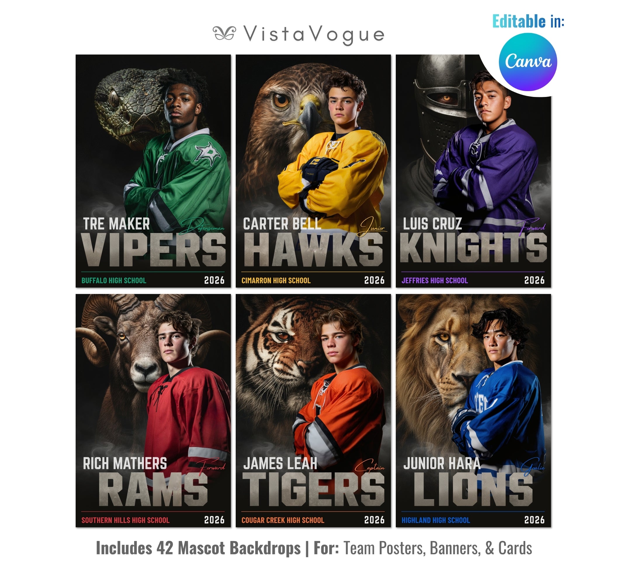 Hockey senior night poster and player banner template editable in Canva with realistic mascot animal backdrop layered behind the athlete and bold team name typography