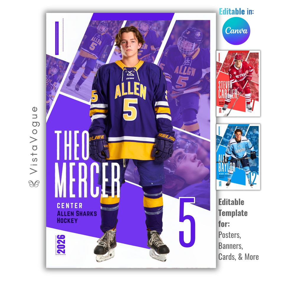 Hockey poster template editable in Canva with multi-photo action collage arranged in diamond panel layout behind the athlete