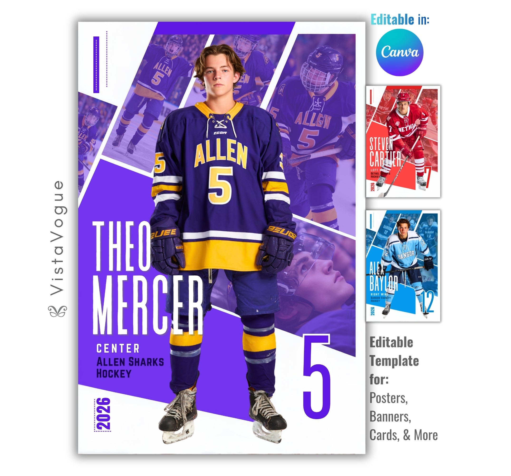 Hockey poster template editable in Canva with multi-photo action collage arranged in diamond panel layout behind the athlete