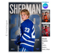 Hockey senior night poster and player banner template editable in Canva with oversized bold surname and faded oversized number layered over a smoky dark backdrop behind the over-the-shoulder athlete pose