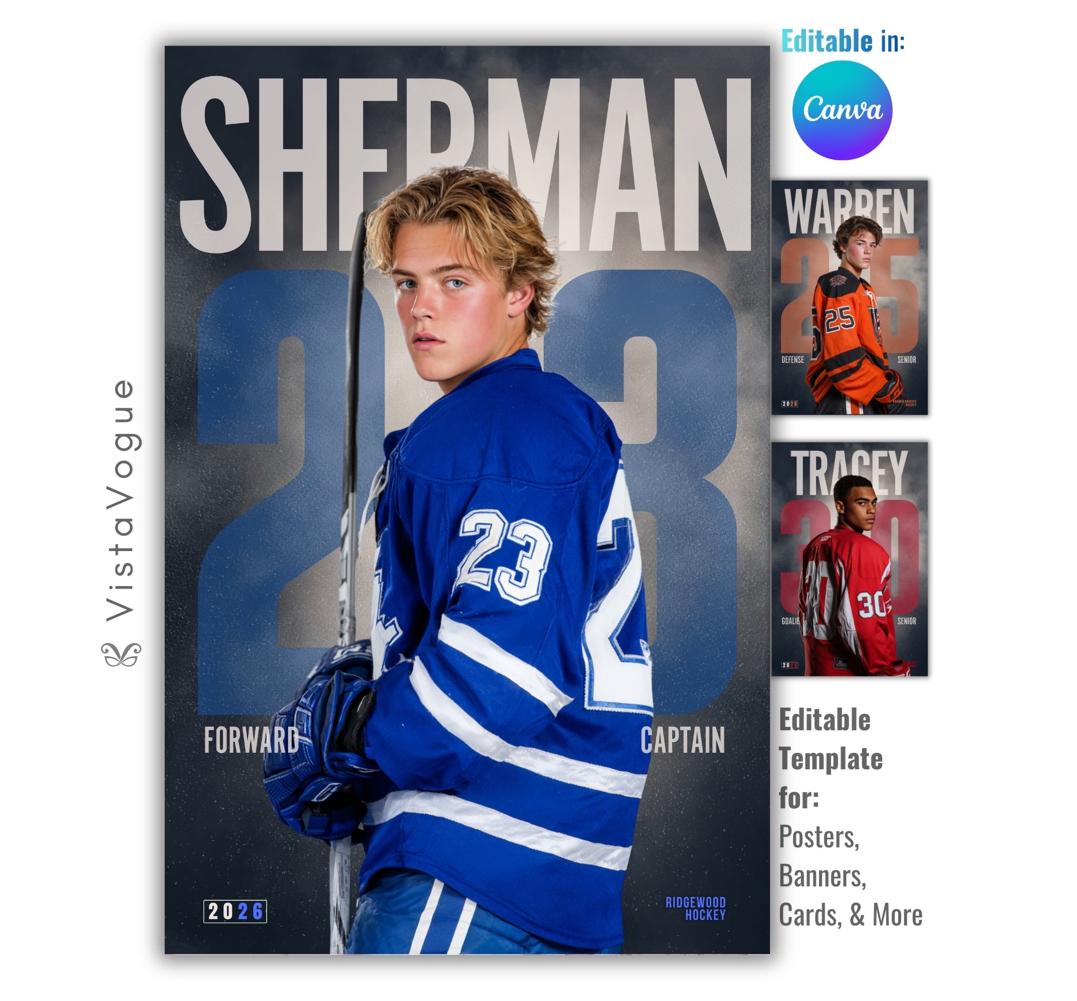 Hockey senior night poster and player banner template editable in Canva with oversized bold surname and faded oversized number layered over a smoky dark backdrop behind the over-the-shoulder athlete pose