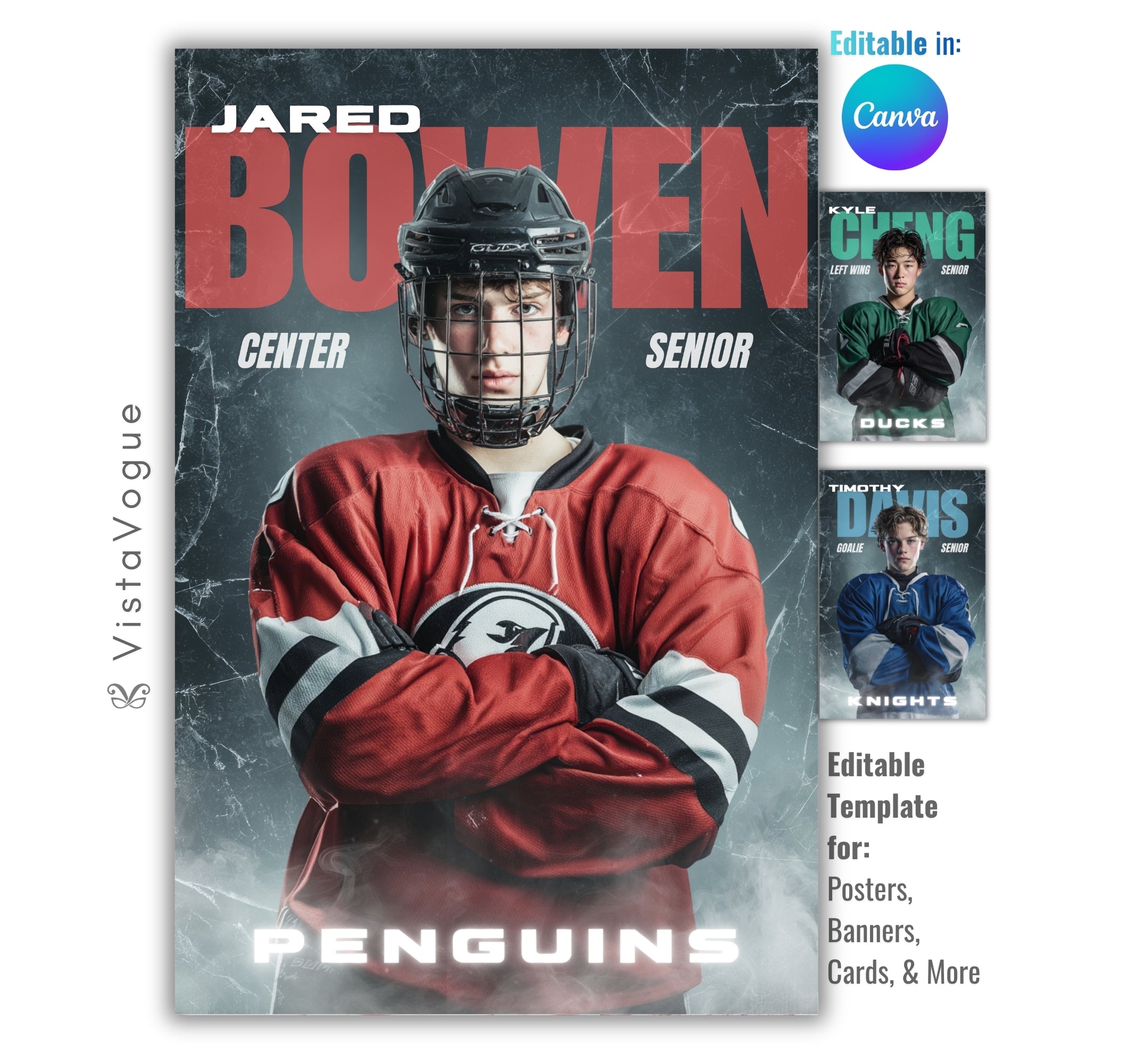 Hockey senior night poster and player banner template editable in Canva with oversized bold surname and scratched ice texture backdrop behind the arms-crossed helmeted athlete portrait