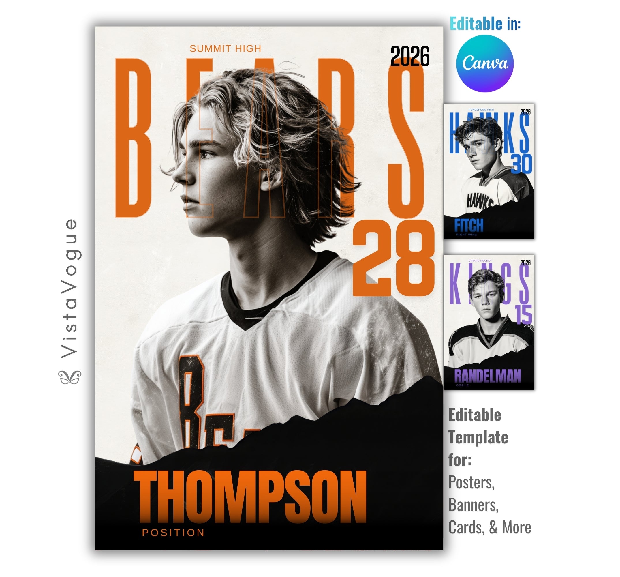 Hockey sports card and poster template editable in Canva with oversized team name typography and torn edge graphic dividing the background