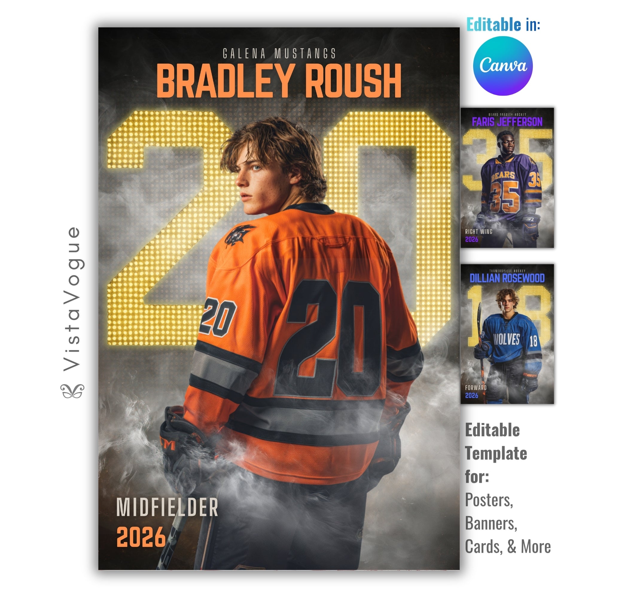 Hockey trading card and poster template editable in Canva with glowing scoreboard-style number and smoky arena backdrop behind an over-the-shoulder athlete pose