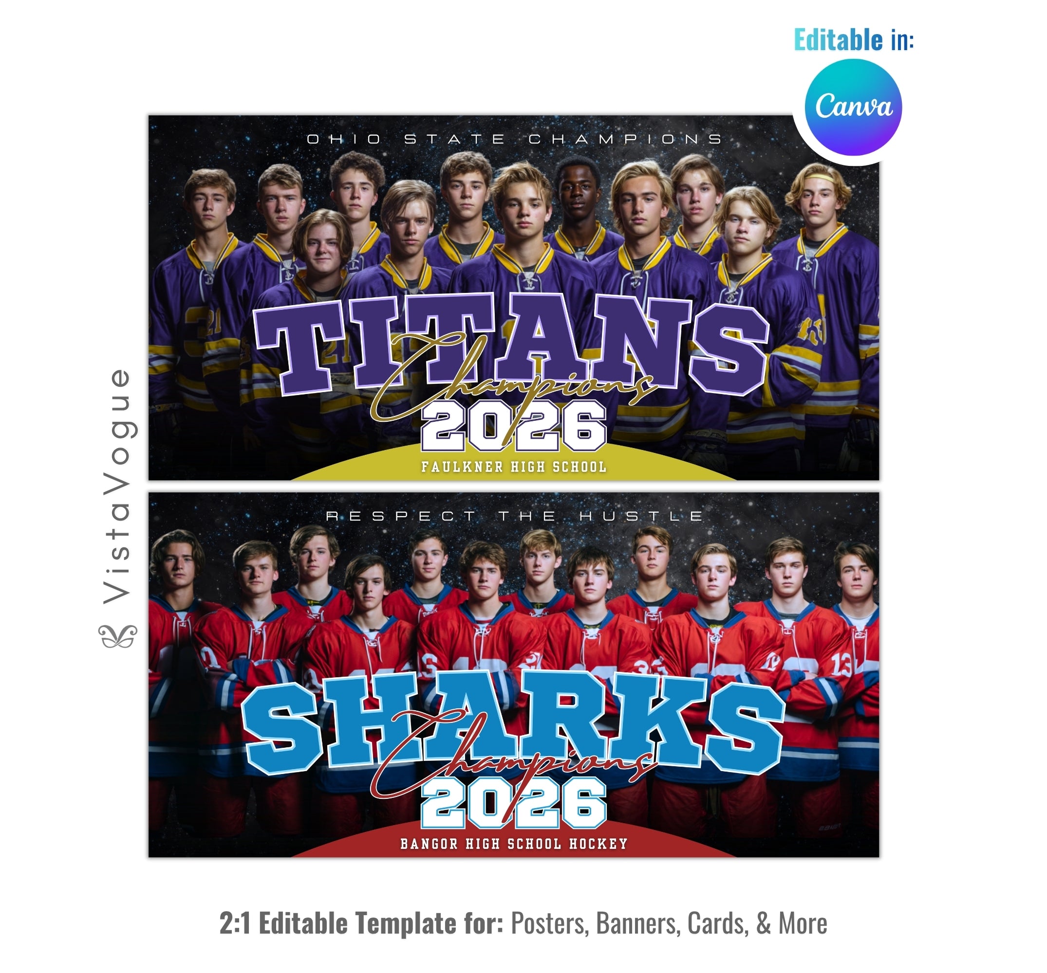 Hockey team banner and spirit poster template editable in Canva with starry night dark backdrop, full team lineup, and bold championship year typography below the group