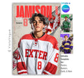 Hockey senior night poster and player banner template editable in Canva with torn paper edge reveal effect exposing an action photo backdrop behind the full-body athlete