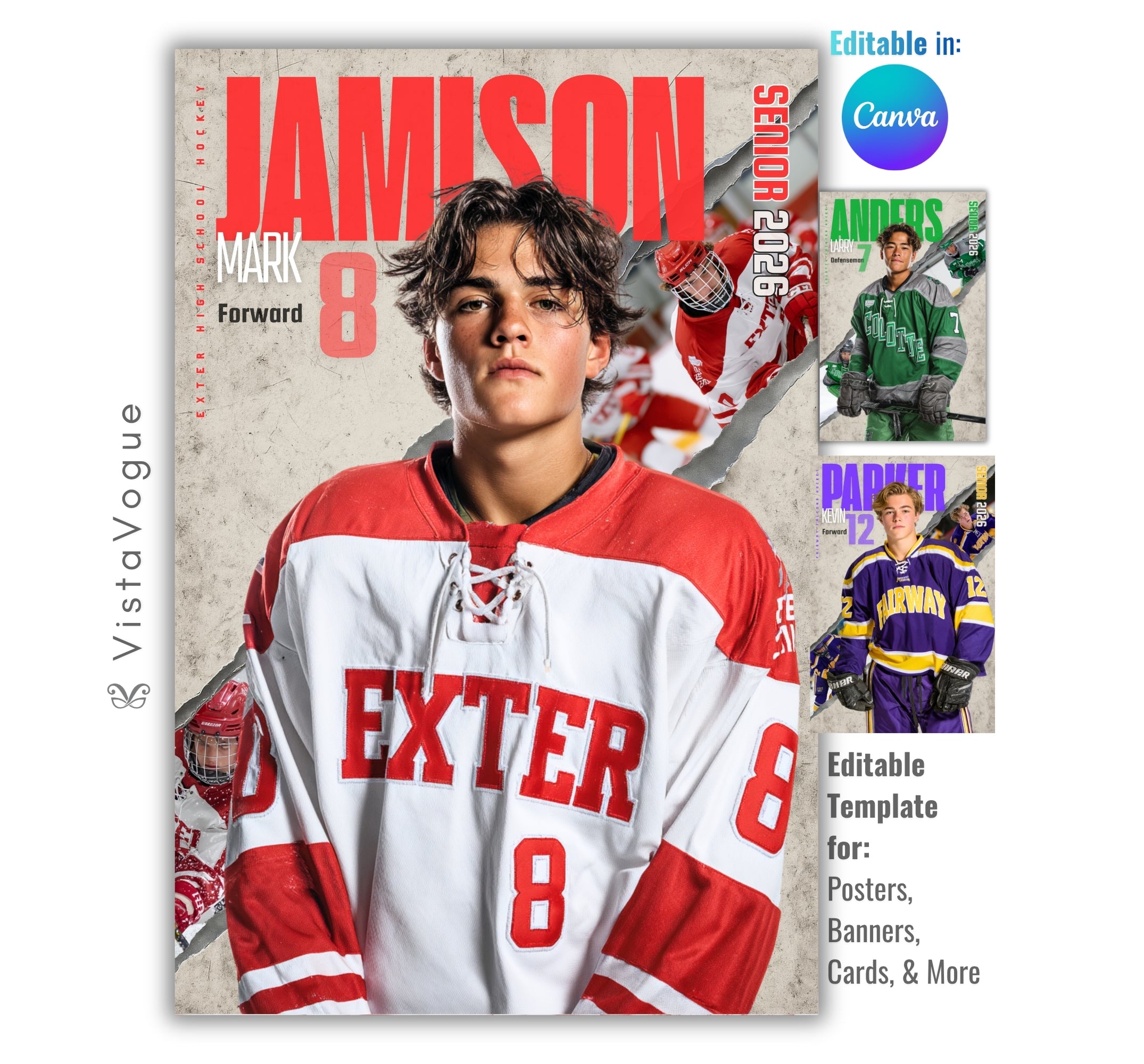 Hockey senior night poster and player banner template editable in Canva with torn paper edge reveal effect exposing an action photo backdrop behind the full-body athlete