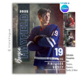 Hockey senior night poster and player banner template editable in Canva with vertical surname typography and a smoky arena backdrop behind the arms-crossed close-up athlete portrait