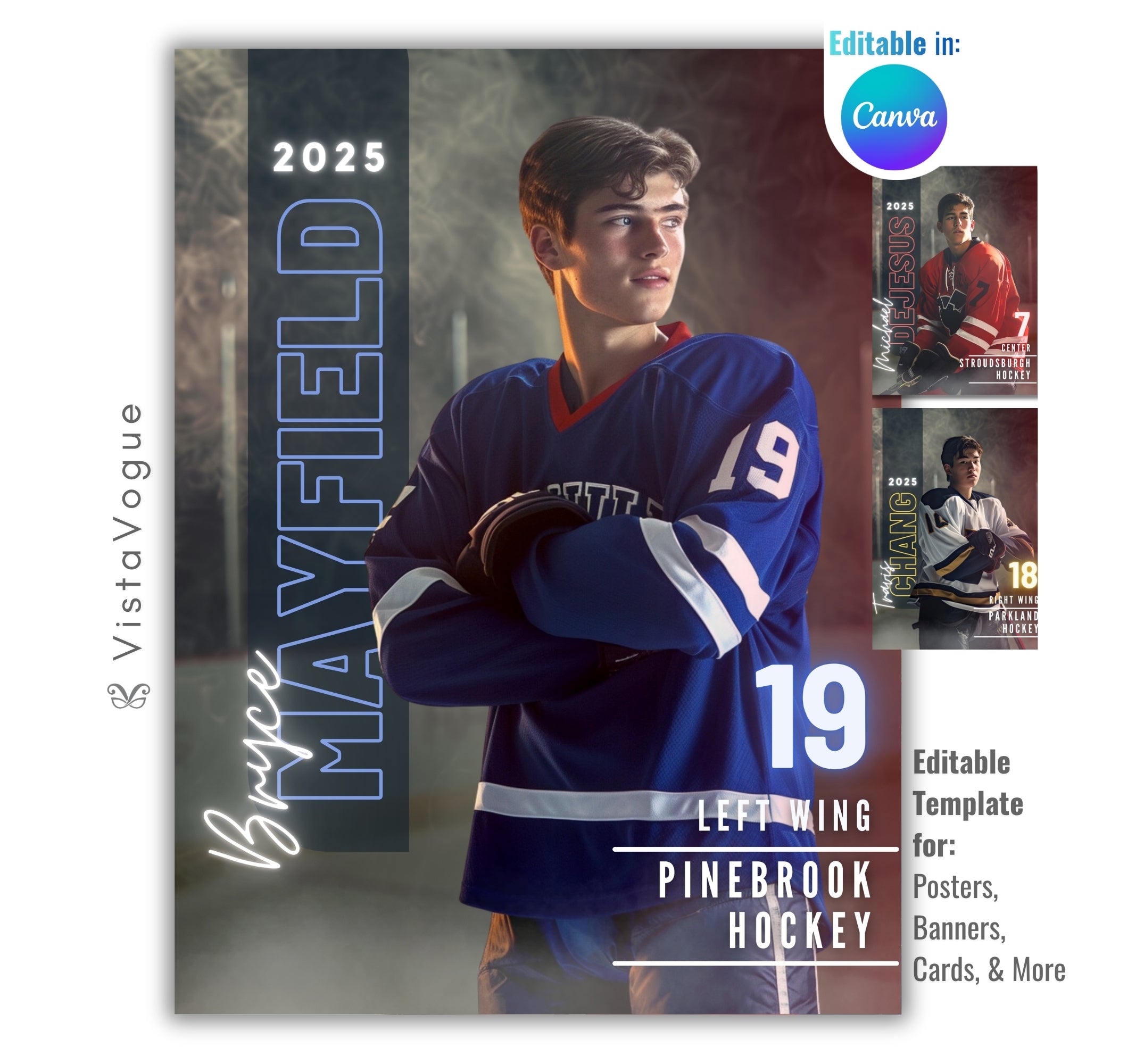 Hockey senior night poster and player banner template editable in Canva with vertical surname typography and a smoky arena backdrop behind the arms-crossed close-up athlete portrait