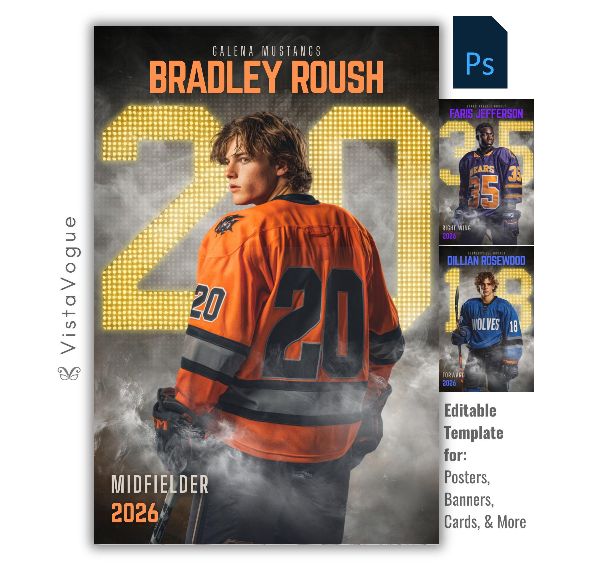 Hockey senior night poster and player banner template editable in Photoshop with an oversized glowing dotted scoreboard-style number and smoky ice fog backdrop behind the over-the-shoulder athlete pose