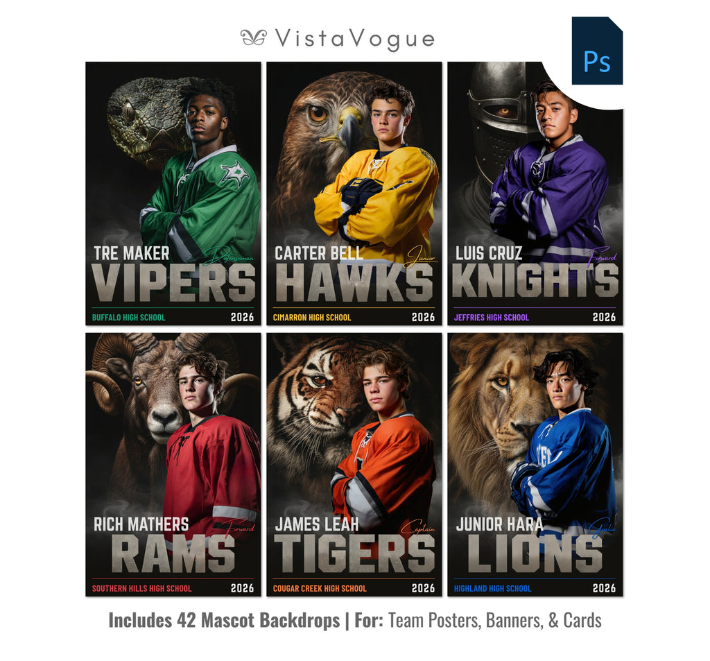 Hockey sports card and poster template editable in Photoshop with realistic mascot animal backdrop paired with the athlete and bold team name typography