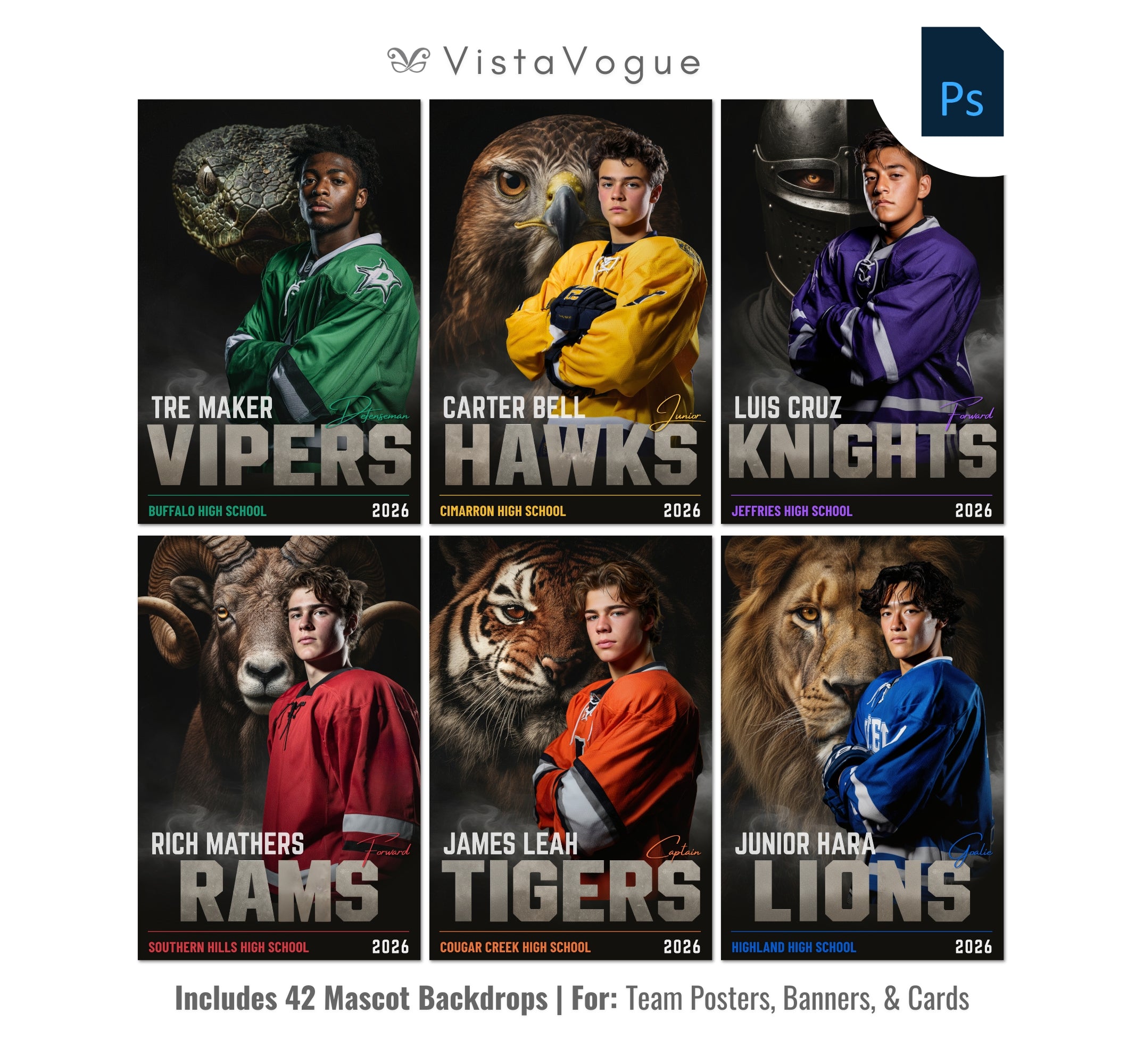 Hockey sports card and poster template editable in Photoshop with realistic mascot animal backdrop paired with the athlete and bold team name typography