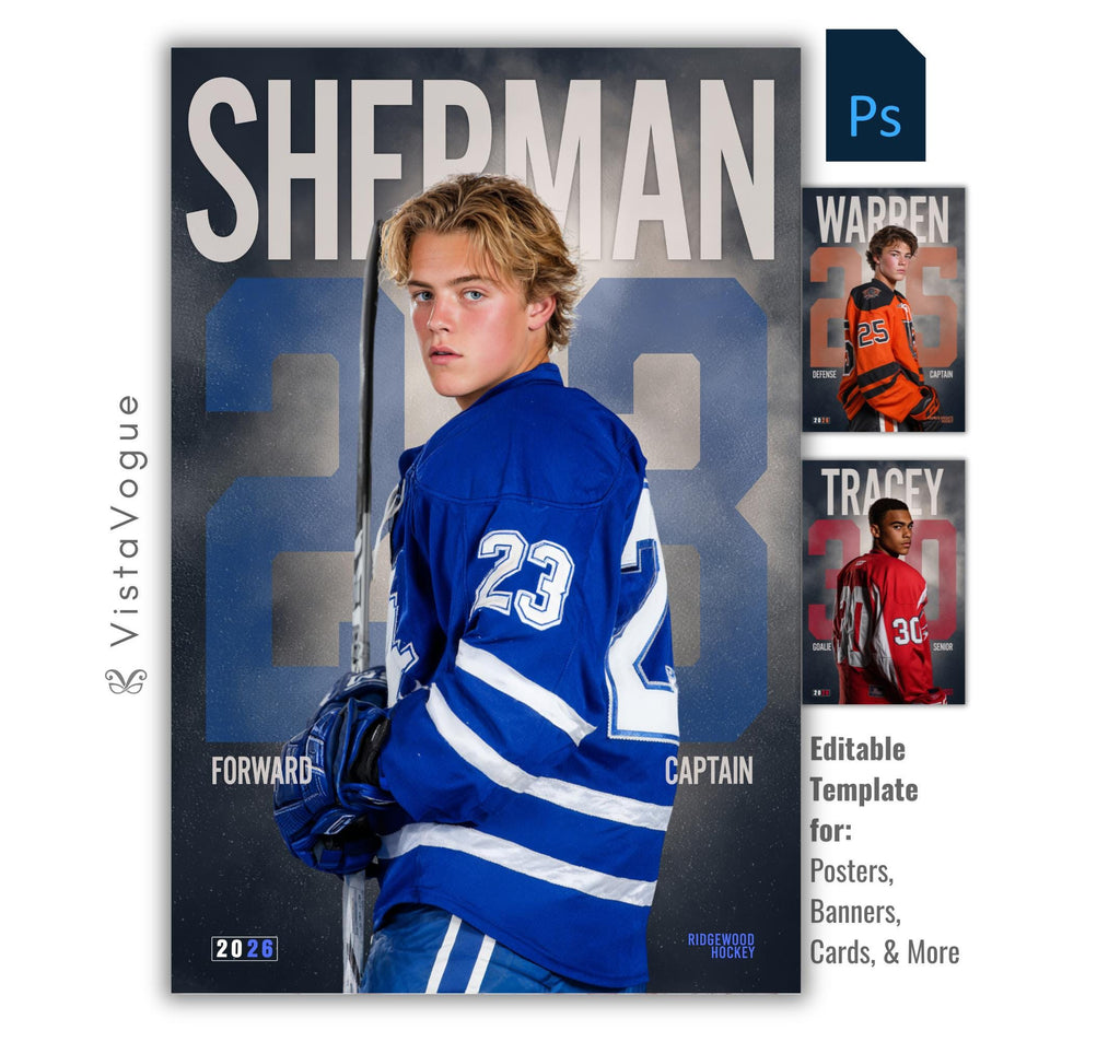 Hockey senior night poster and player banner template editable in Photoshop with oversized bold surname and faded jersey number layered over a smoky dark backdrop behind the over-the-shoulder athlete portrait