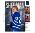Hockey senior night poster and player banner template editable in Photoshop with oversized bold surname and faded jersey number layered over a smoky dark backdrop behind the over-the-shoulder athlete portrait