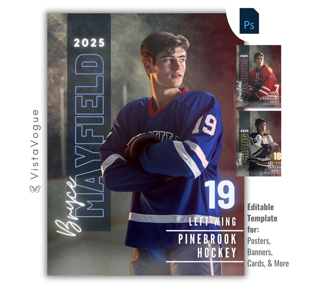 Hockey trading card and poster template editable in Photoshop with smoky arena backdrop and bold vertical surname typography alongside the athlete