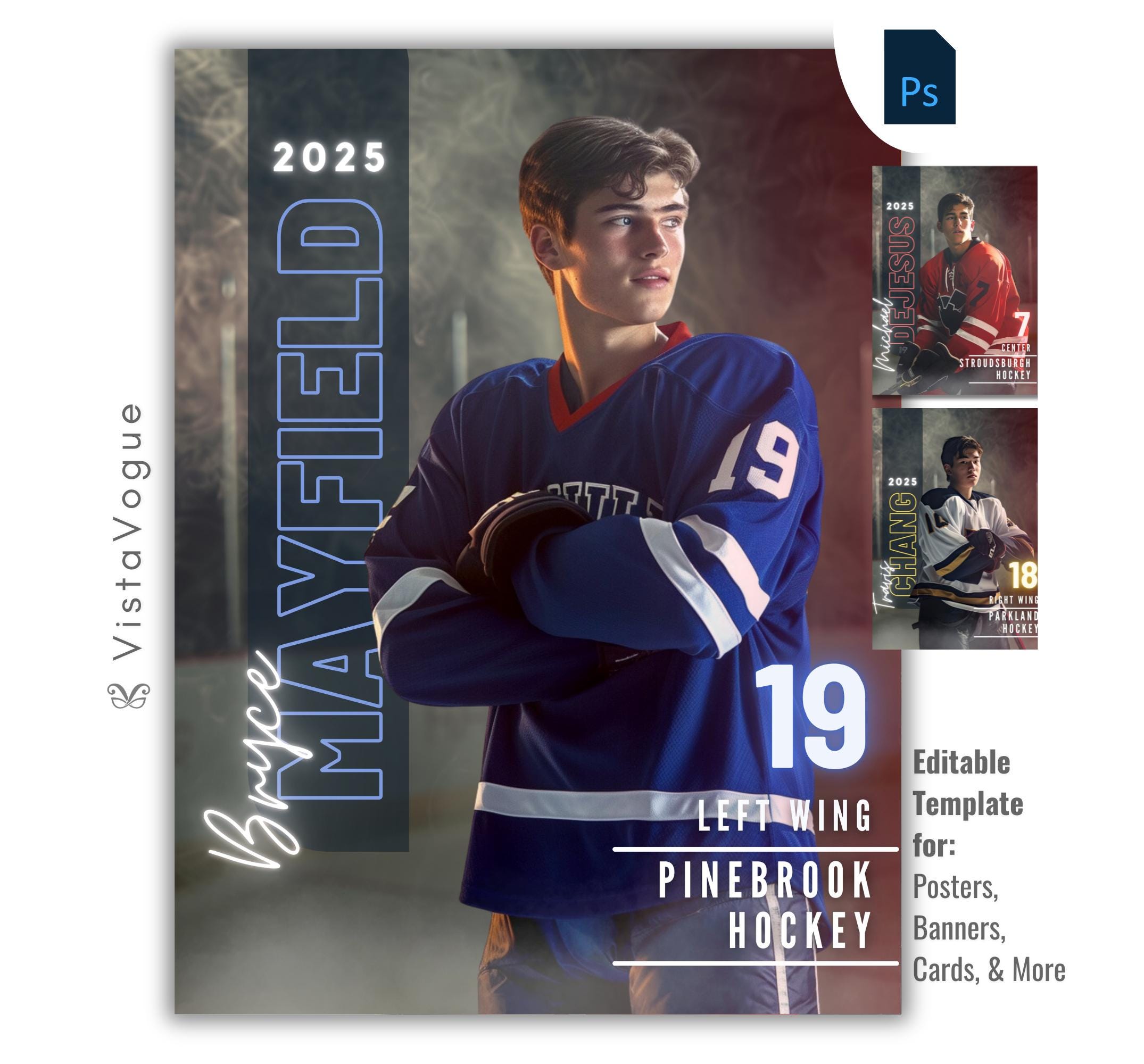 Hockey trading card and poster template editable in Photoshop with smoky arena backdrop and bold vertical surname typography alongside the athlete
