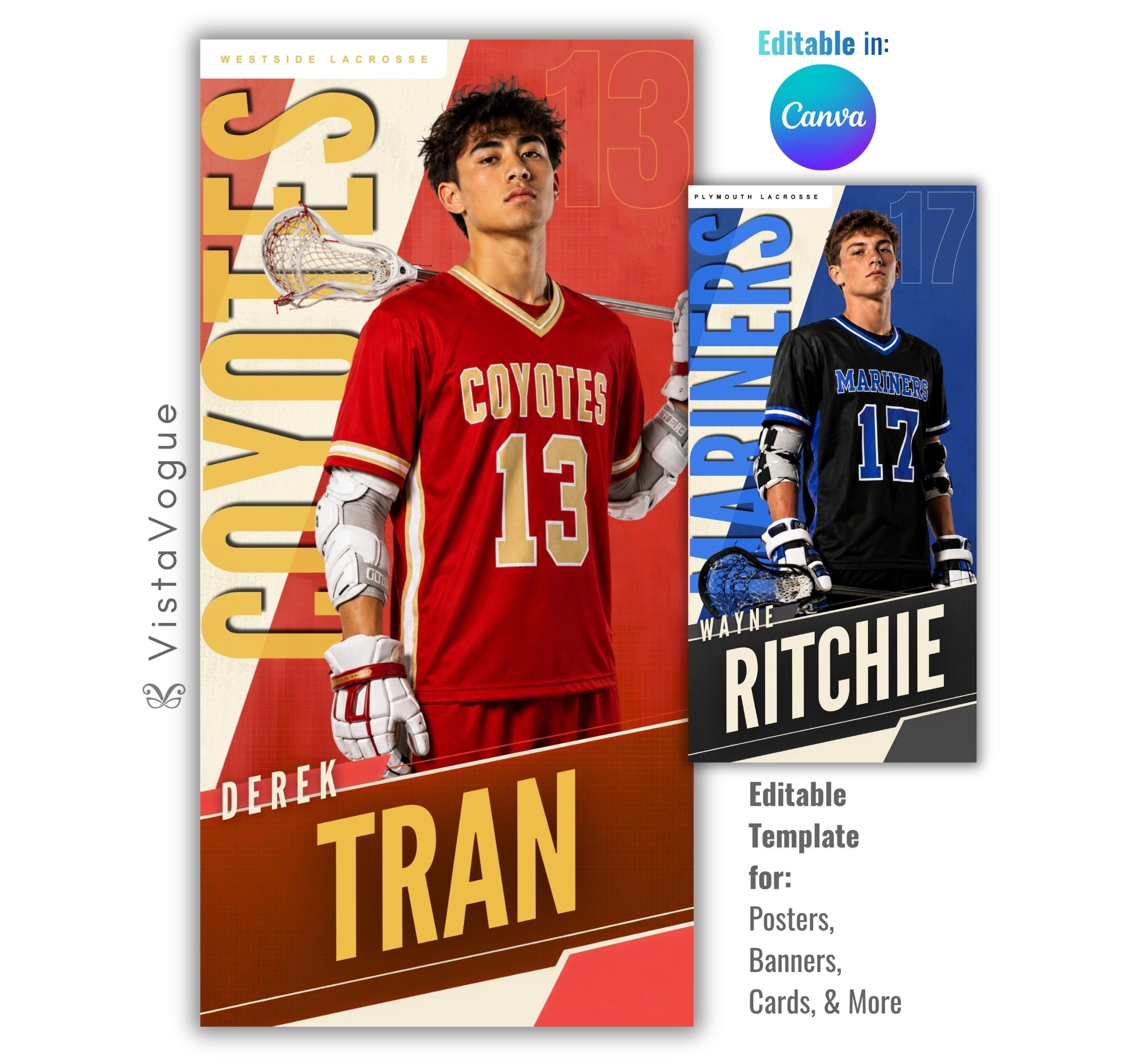 Editable lacrosse banner template with modern sports poster design shown in Canva mockup