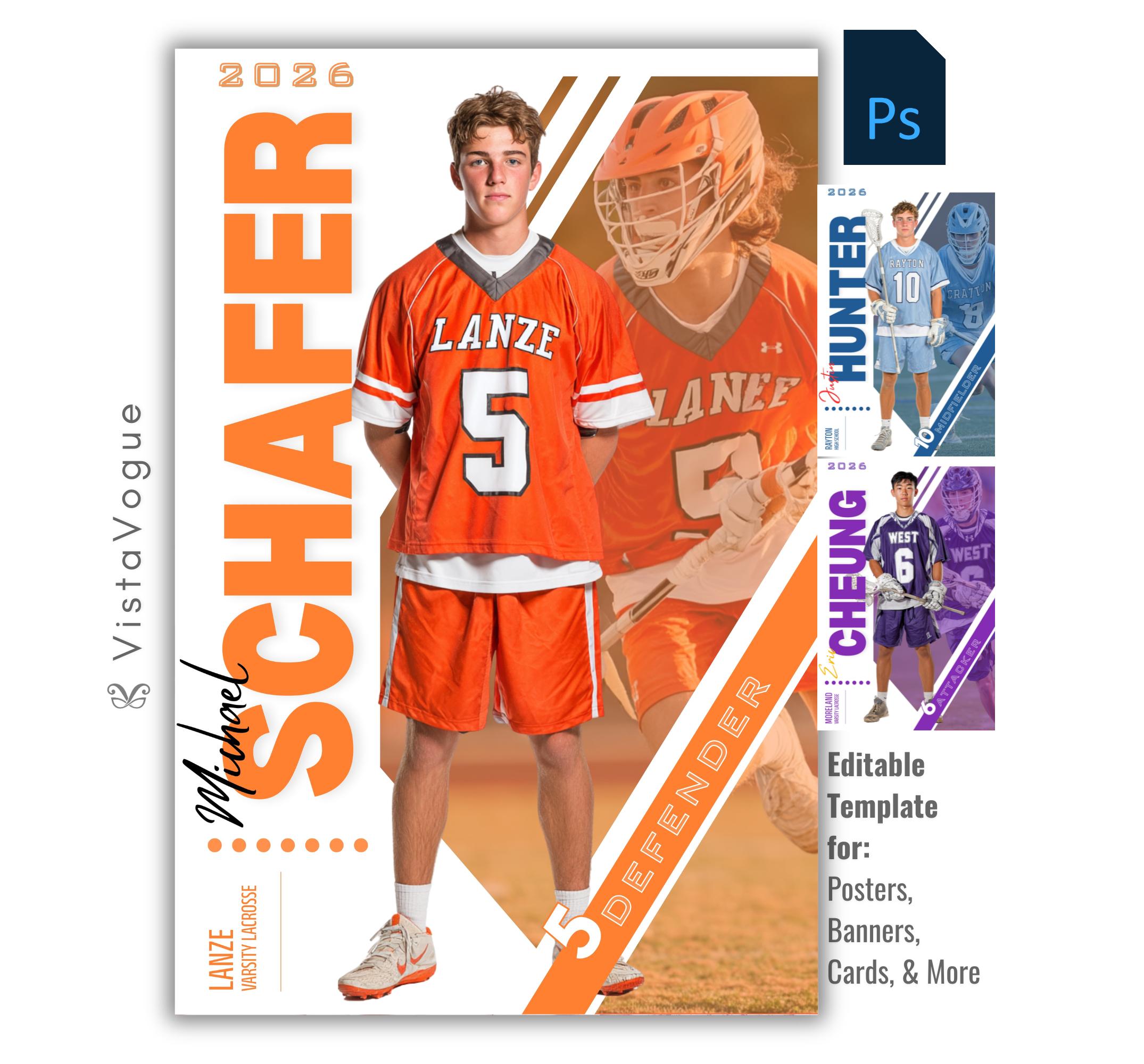 Lacrosse senior banner template editable in Canva with clean modern layout, oversized vertical typography, and player poster design