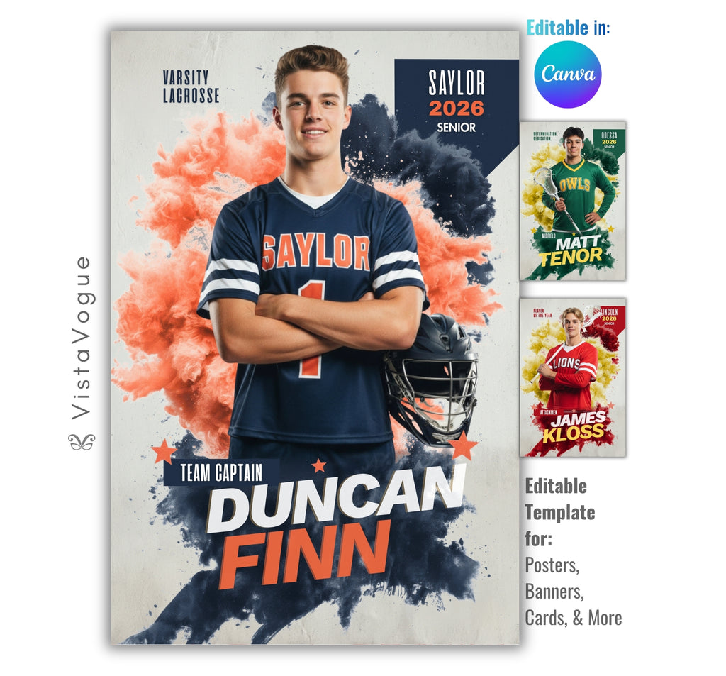 Lacrosse senior night poster and player banner template editable in Canva with dual color smoke burst explosion and grunge texture backdrop behind the full-body athlete