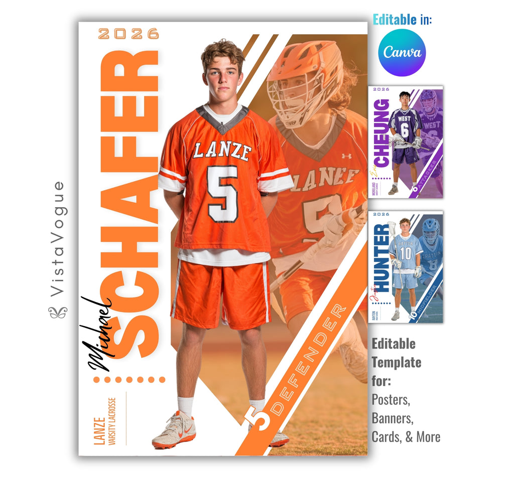 Lacrosse senior night poster and player banner template editable in Canva with dual photo layout split by a diagonal white slash alongside vertical surname typography