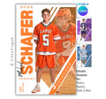 Lacrosse senior night poster and player banner template editable in Canva with dual photo layout split by a diagonal white slash alongside vertical surname typography