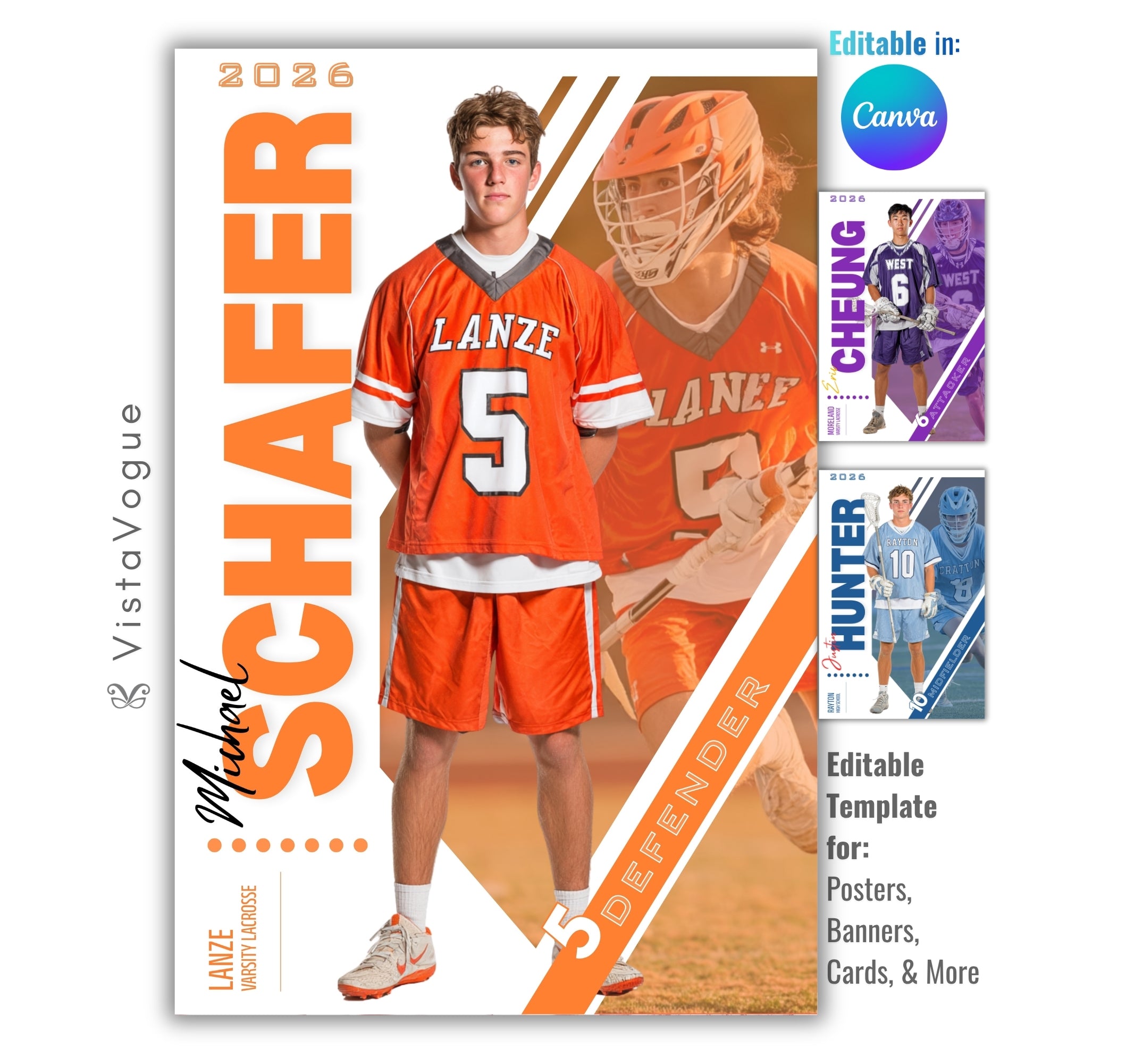Lacrosse senior night poster and player banner template editable in Canva with dual photo layout split by a diagonal white slash alongside vertical surname typography