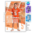 Lacrosse trading card and poster template editable in Canva with multi-photo action collage arranged in bold white geometric panel layout around the athlete