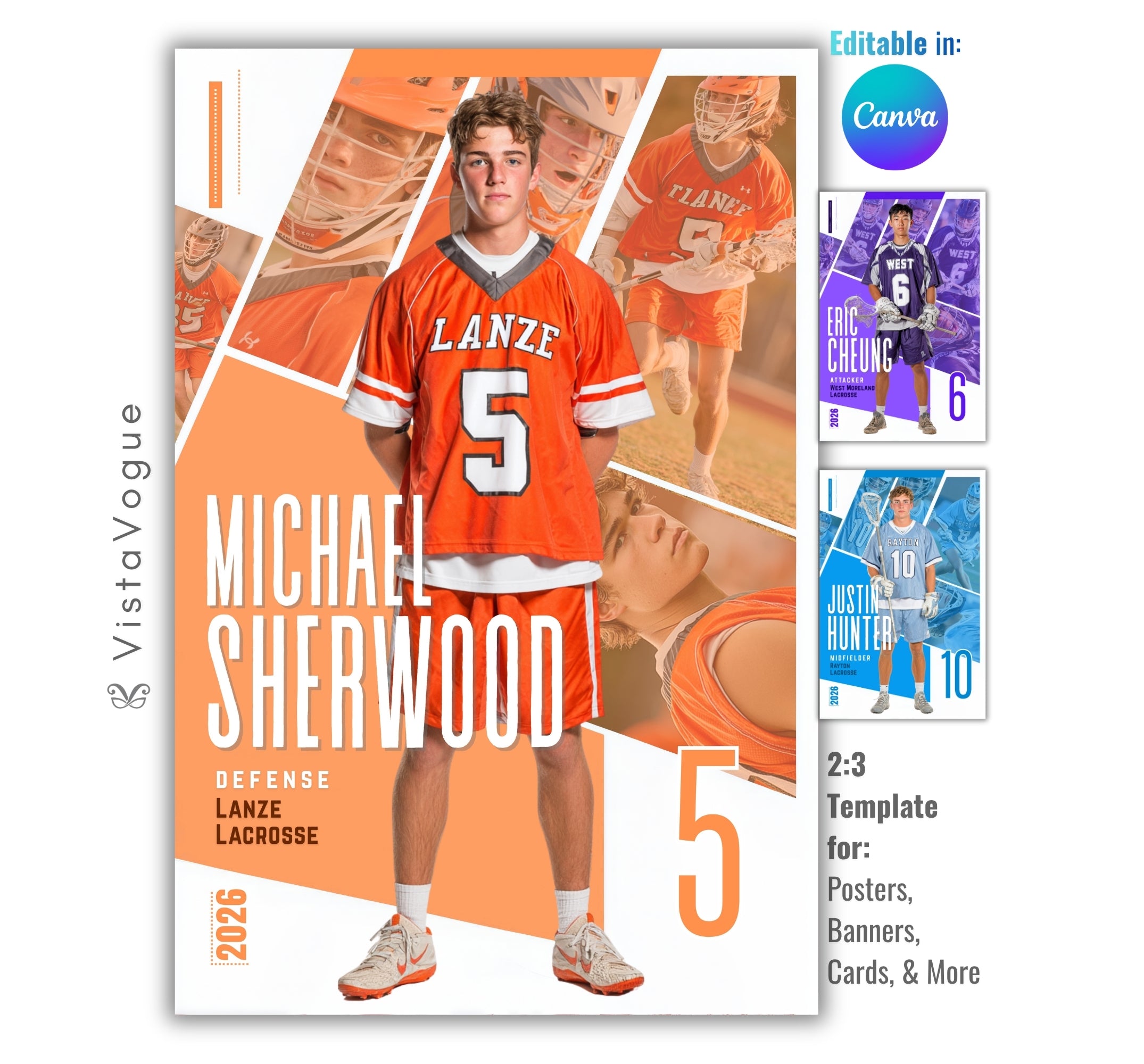 Lacrosse trading card and poster template editable in Canva with multi-photo action collage arranged in bold white geometric panel layout around the athlete