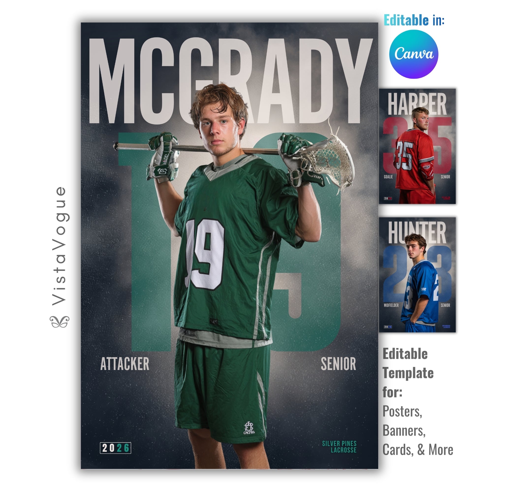Lacrosse senior night poster and player banner template editable in Canva with oversized bold surname and faded jersey number over a smoky dark backdrop behind the full-body athlete