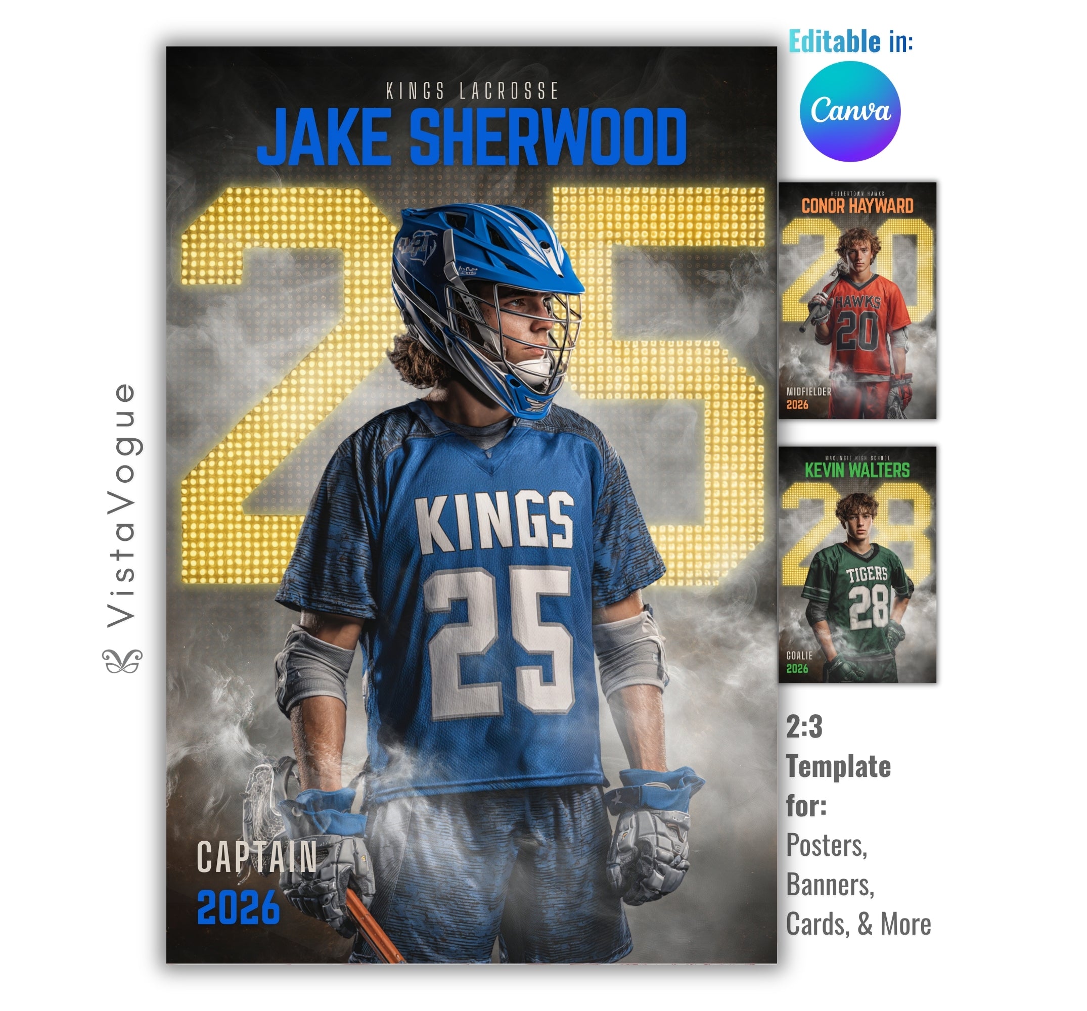 Lacrosse trading card and poster template editable in Canva with glowing scoreboard-style number and smoky dark backdrop behind the athlete