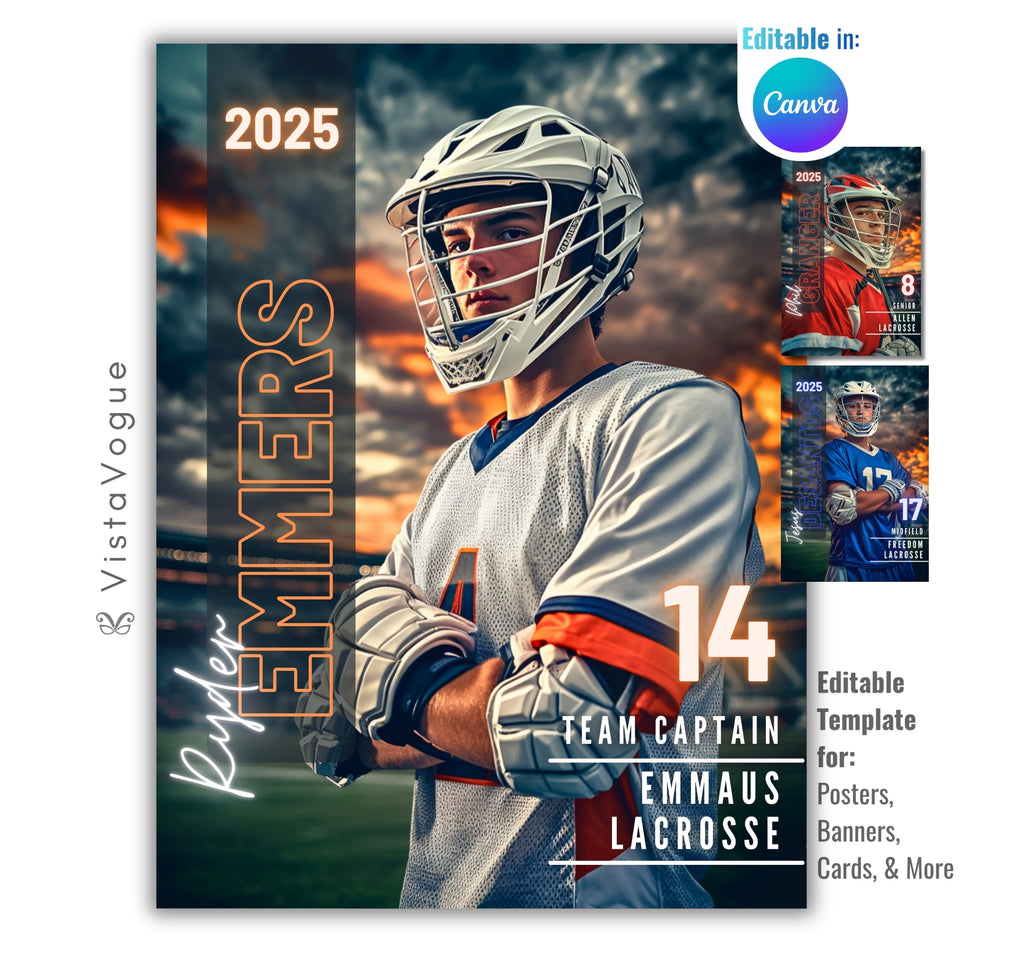 Lacrosse senior night poster template editable in Canva with dramatic sunset stadium backdrop, bold athlete portrait, and player banner layout