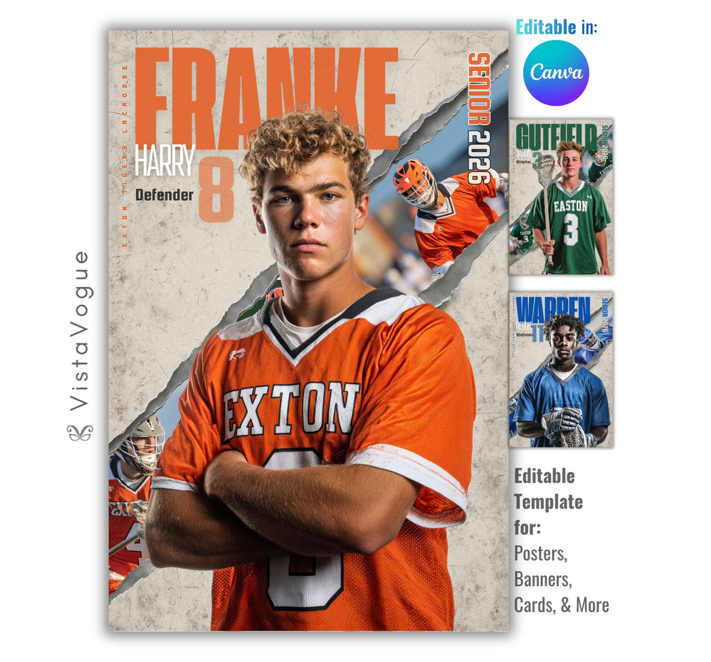 Lacrosse poster template editable in Canva with torn paper grunge texture and diagonal action photo reveal layered behind the athlete