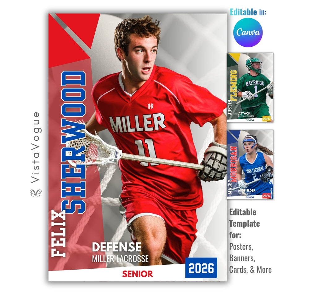 Lacrosse senior night poster and player banner template editable in Canva with vertical surname typography and diagonal red and white geometric panel backdrop behind the full-body action athlete