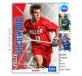 Lacrosse senior night poster and player banner template editable in Canva with vertical surname typography and diagonal red and white geometric panel backdrop behind the full-body action athlete