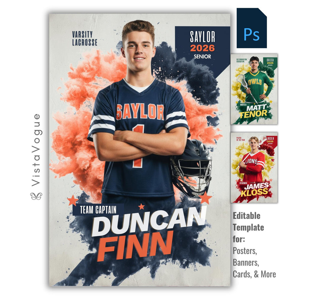 Lacrosse senior night poster template for Photoshop with colorful smoke backdrop, bold athlete layout, and customizable sports banner design for team captain graphics