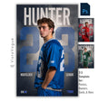 Lacrosse senior night poster and player banner template editable in Photoshop with oversized faded jersey number and bold surname typography over a smoky dark backdrop behind the over-the-shoulder athlete portrait