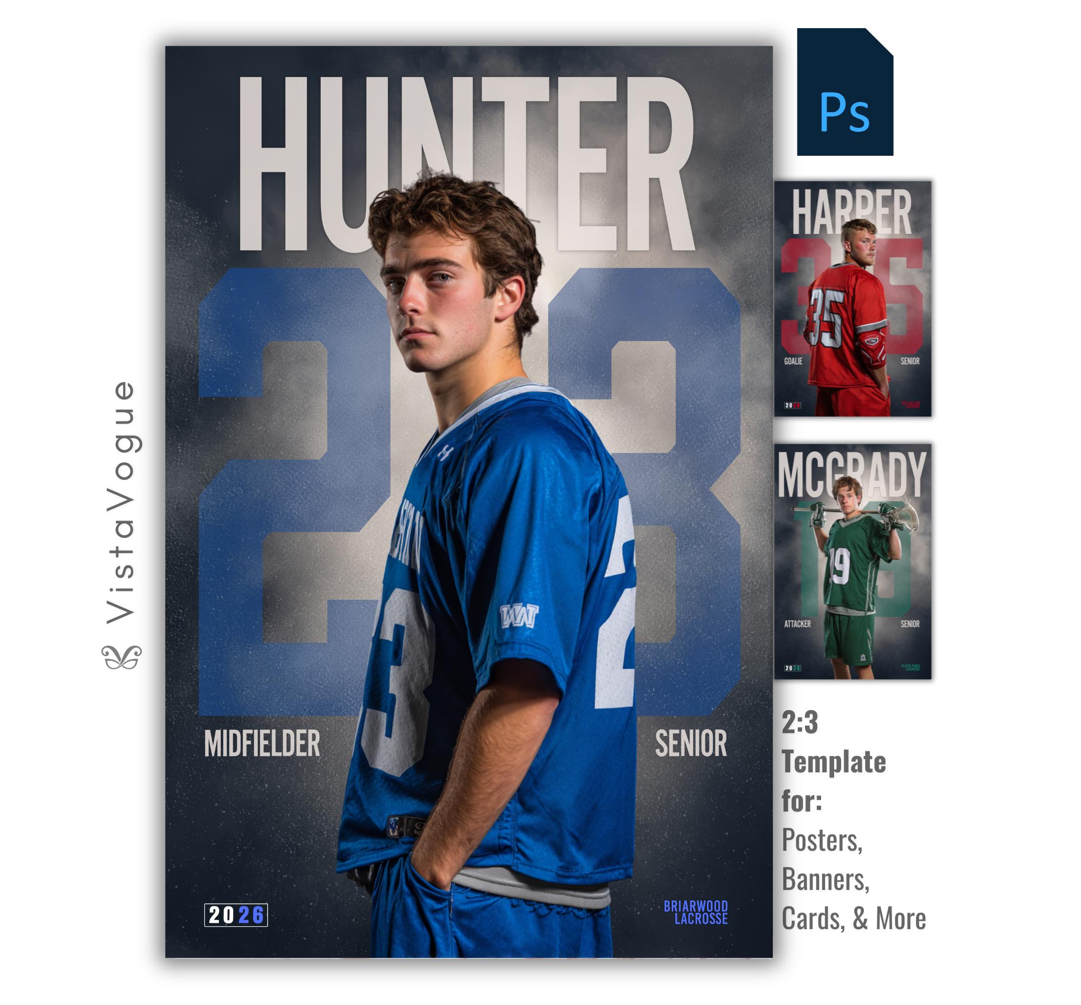 Lacrosse senior night poster and player banner template editable in Photoshop with oversized faded jersey number and bold surname typography over a smoky dark backdrop behind the over-the-shoulder athlete portrait