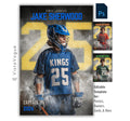 Lacrosse poster template editable in Photoshop with oversized scoreboard numbers and smoky sports backdrop