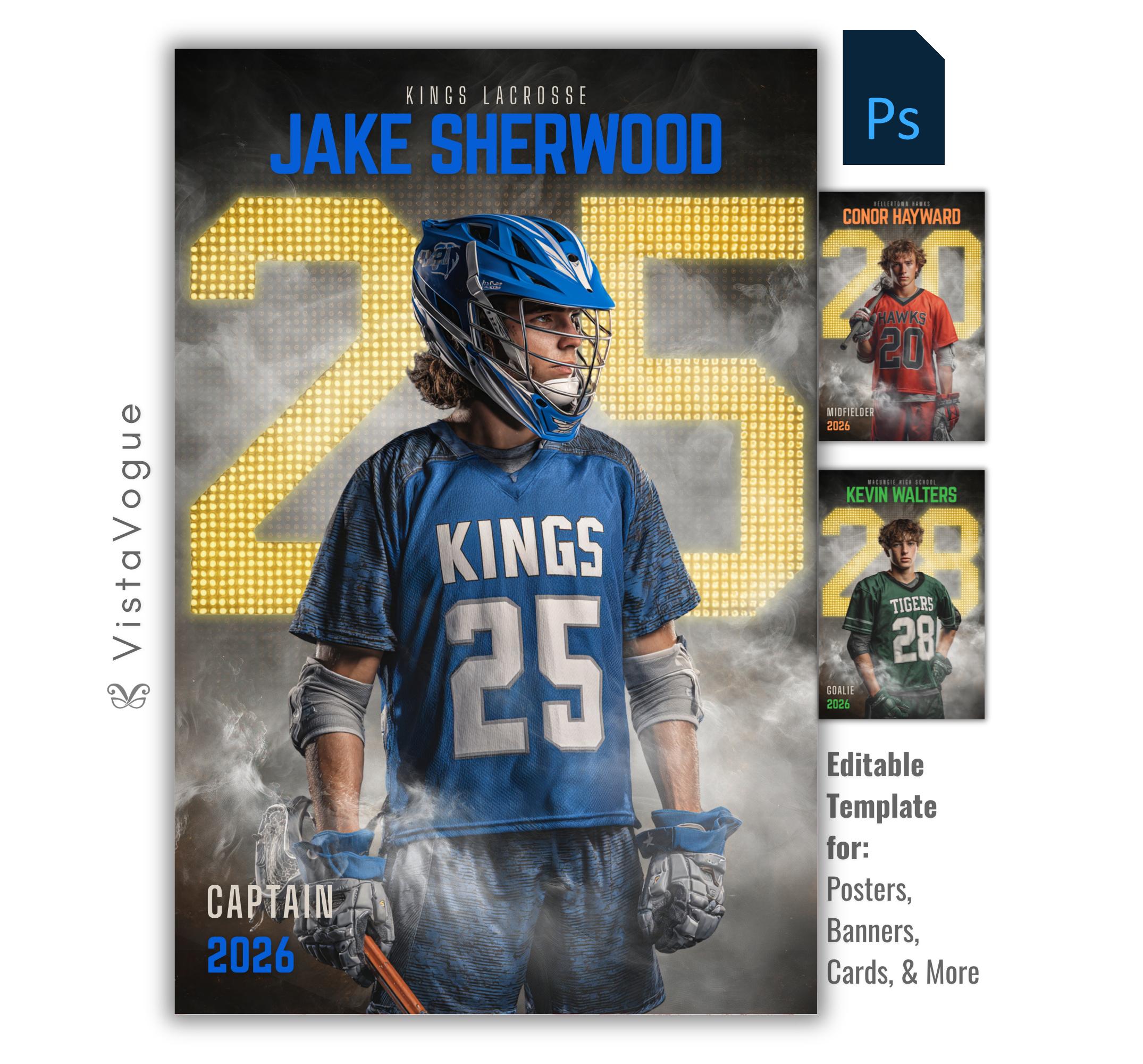 Lacrosse poster template editable in Photoshop with oversized scoreboard numbers and smoky sports backdrop