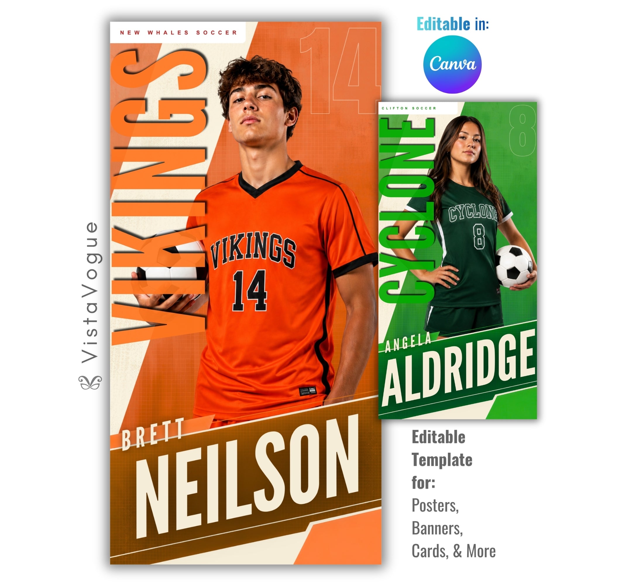 Editable soccer banner template with modern sports poster design shown in Canva mockup