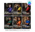 Soccer senior banner template editable in Canva with 42 mascot animal backgrounds including lions, tigers, hawks, knights, rams, and vipers for posters and player cards