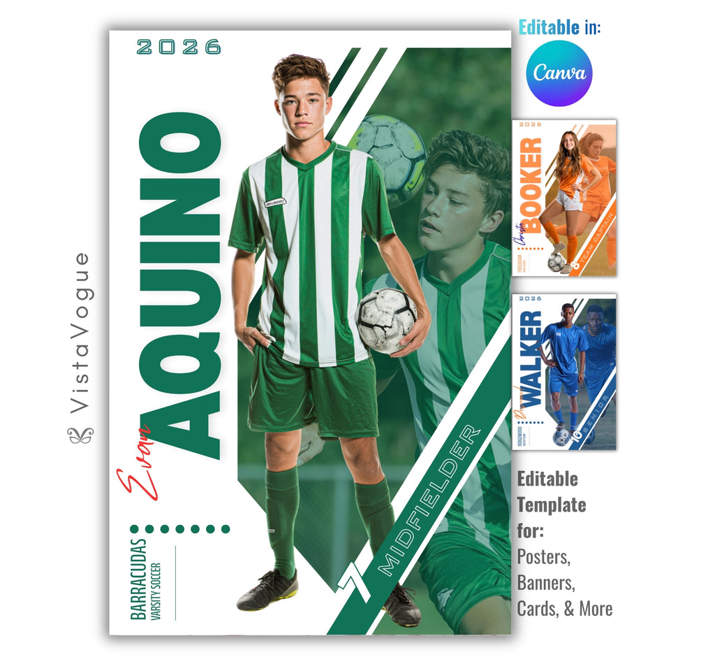 Soccer trading card and poster template editable in Canva with dual athlete photo layout and bold green and white diagonal slash design framing the athlete