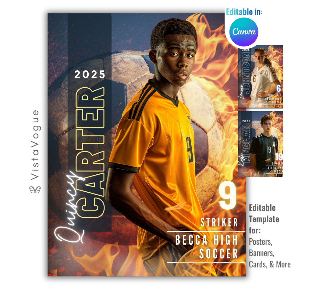 Soccer senior night banner template editable in Canva with fiery soccer ball backdrop, flame effects, and customizable athlete poster design for sports graphics