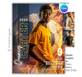 Soccer senior night banner template editable in Canva with fiery soccer ball backdrop, flame effects, and customizable athlete poster design for sports graphics